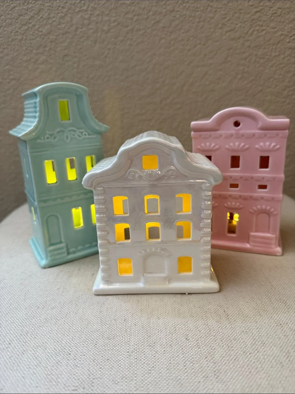 Set-of-3 Ceramic Light-up Village Pieces, 4.5”-6.25” high, bottom on/off switch